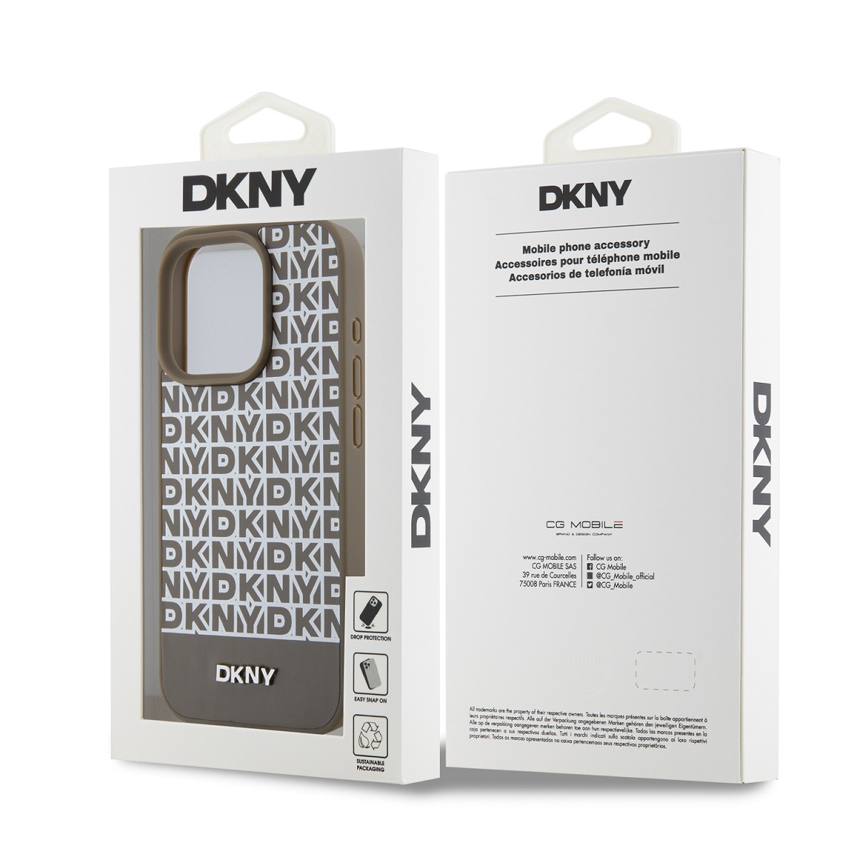 DKNY PU Leather Repeat Pattern Bottom Stripe Zadní Kryt pro iPhone 15 Pro Max Brown