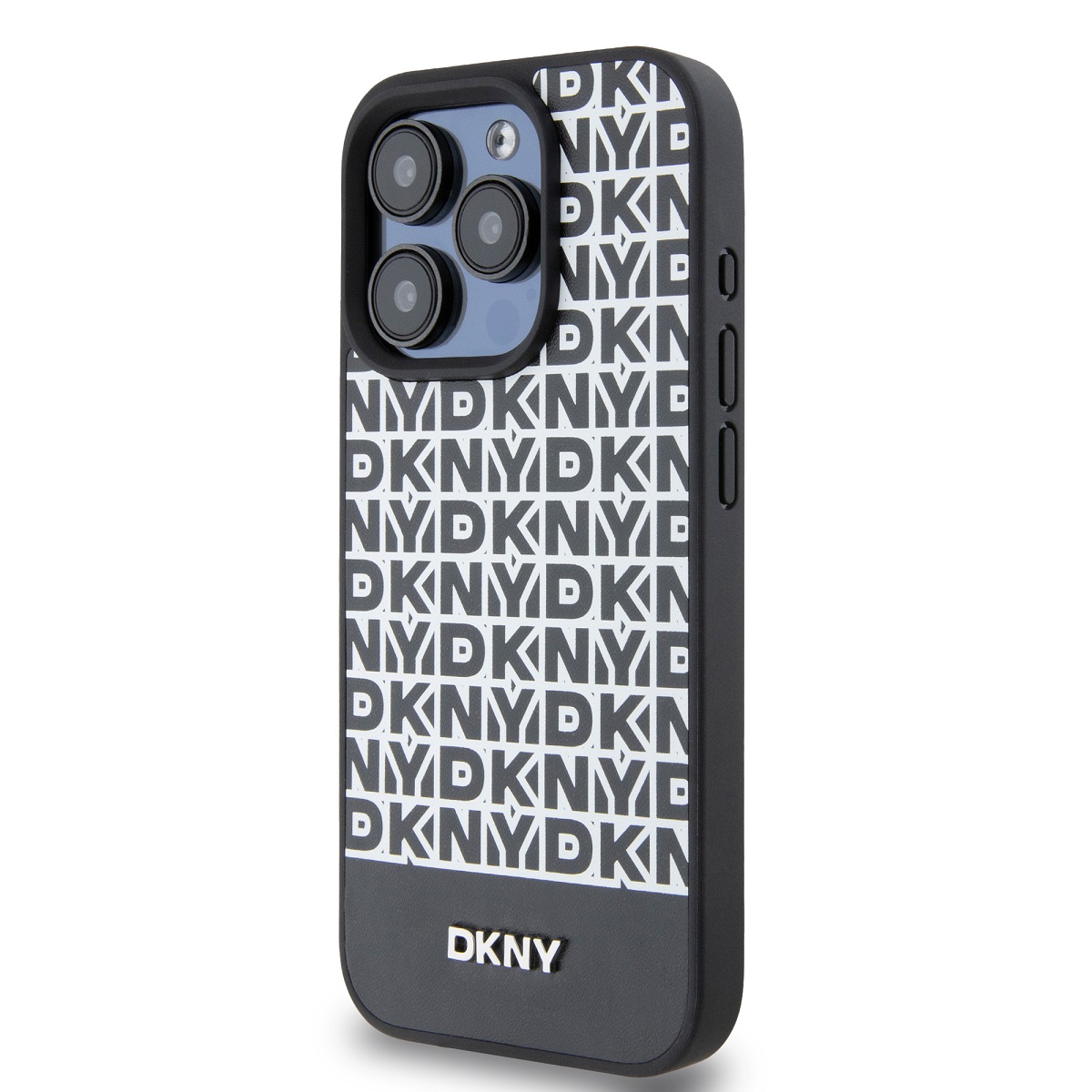 DKNY PU Leather Repeat Pattern Bottom Stripe Zadní Kryt pro iPhone 14 Pro Black