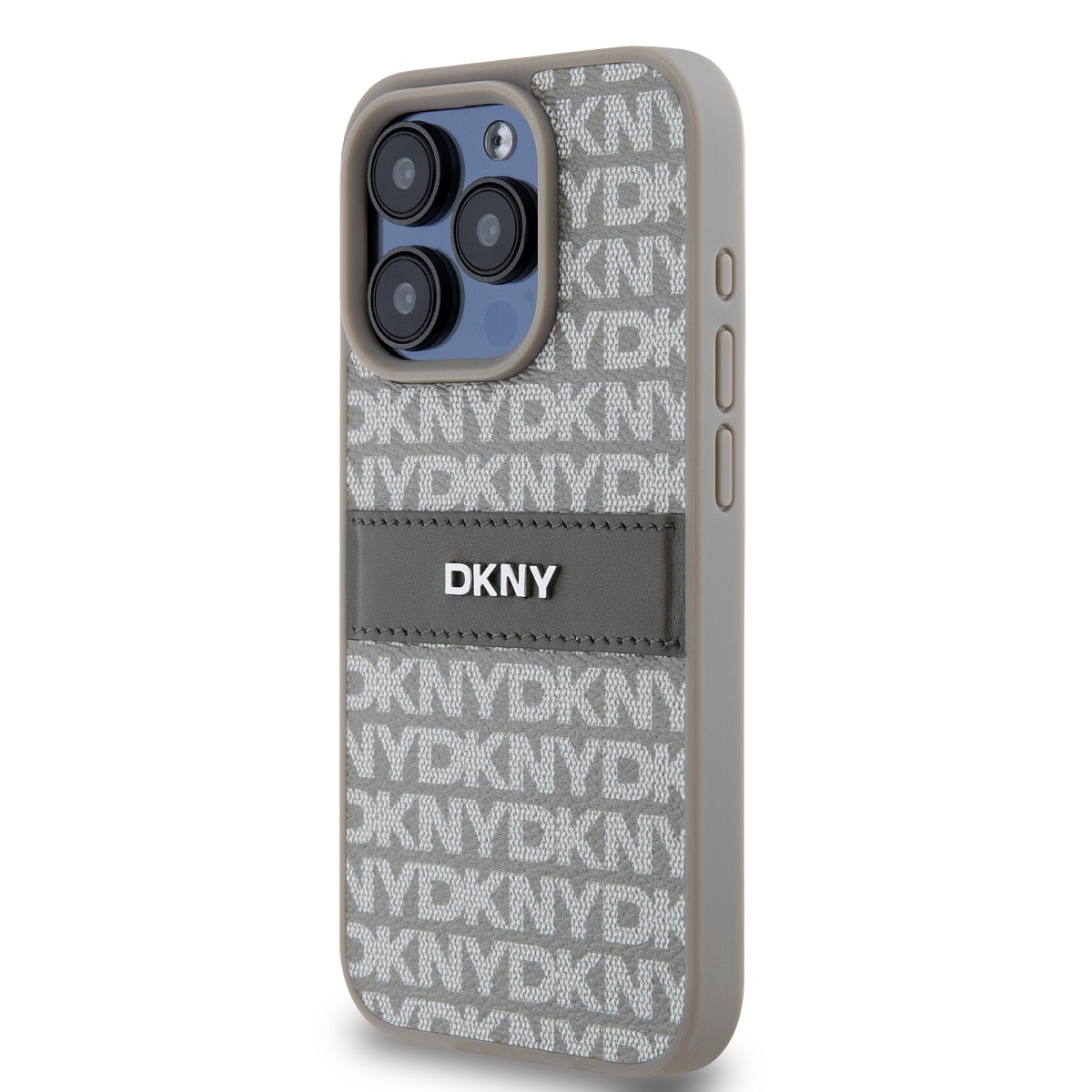 Zadní kryt DKNY PU Leather Repeat Pattern Tonal Stripe pro Apple iPhone 15 Pro Max, béžová