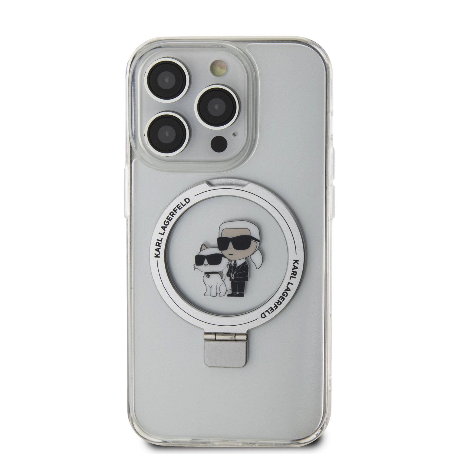 Zadní kryt Karl Lagerfeld Ringstand Karl and Choupette MagSafe pro Apple iPhone 14 Pro, bílá