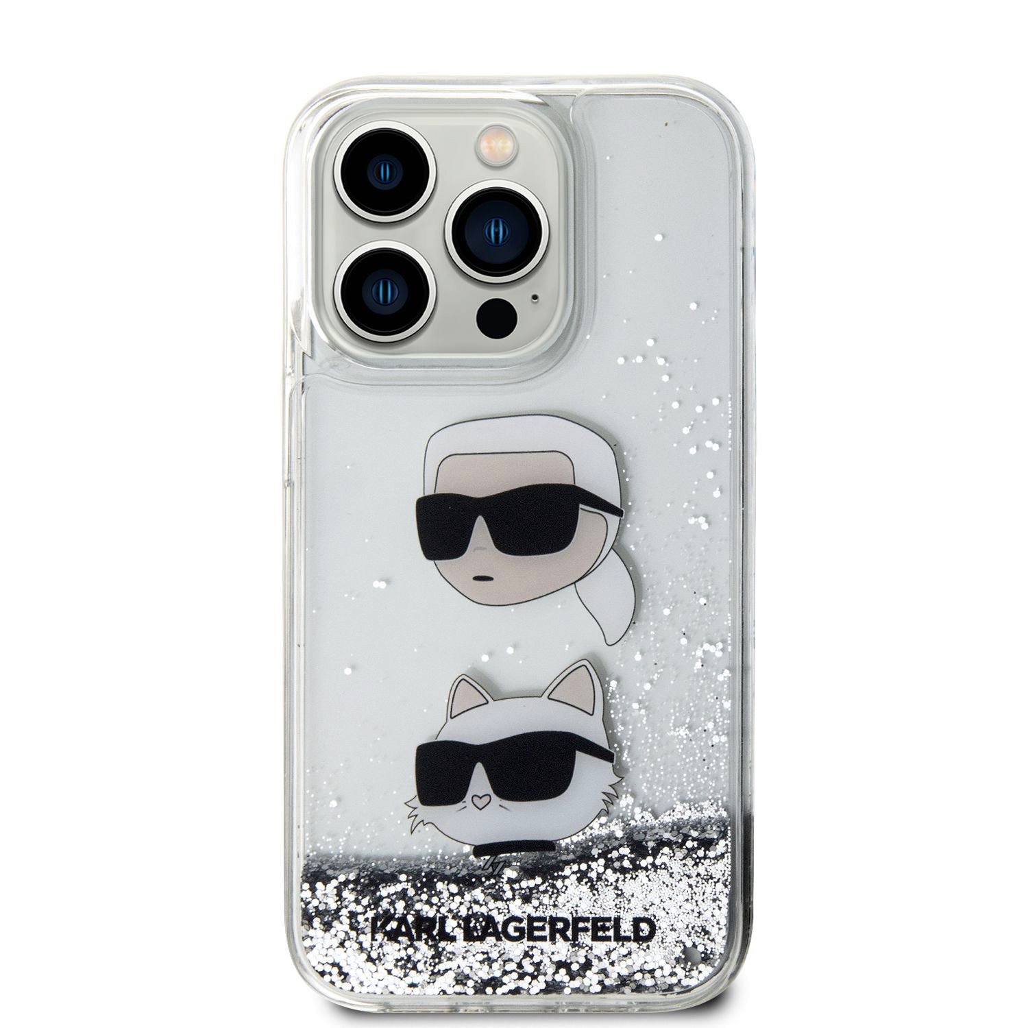 Zadní kryt Karl Lagerfeld Liquid Glitter Karl and Choupette Head pro iPhone 15 Pro, stříbrná