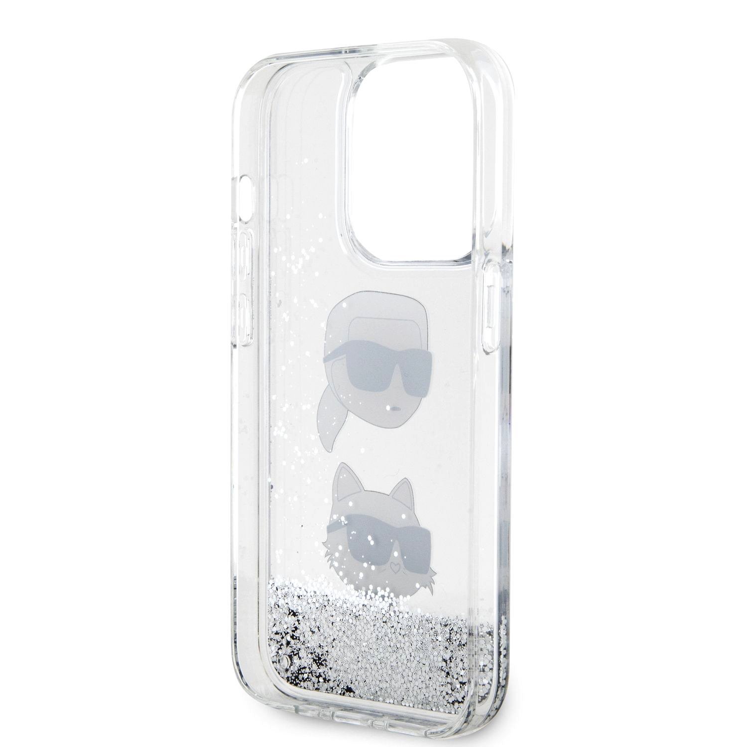 Karl Lagerfeld Liquid Glitter Karl and Choupette Head Zadní Kryt pro iPhone 15 Pro Silver