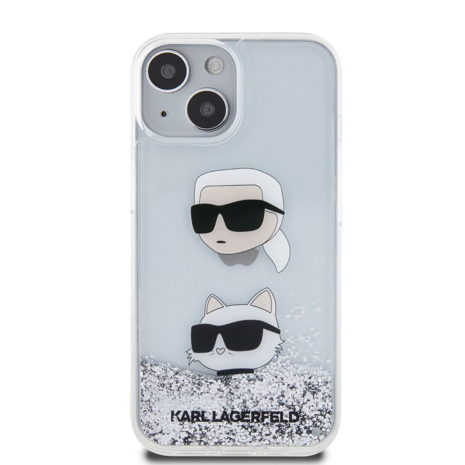 Zadní kryt Karl Lagerfeld Liquid Glitter Karl and Choupette Head pro iPhone 15, stříbrná