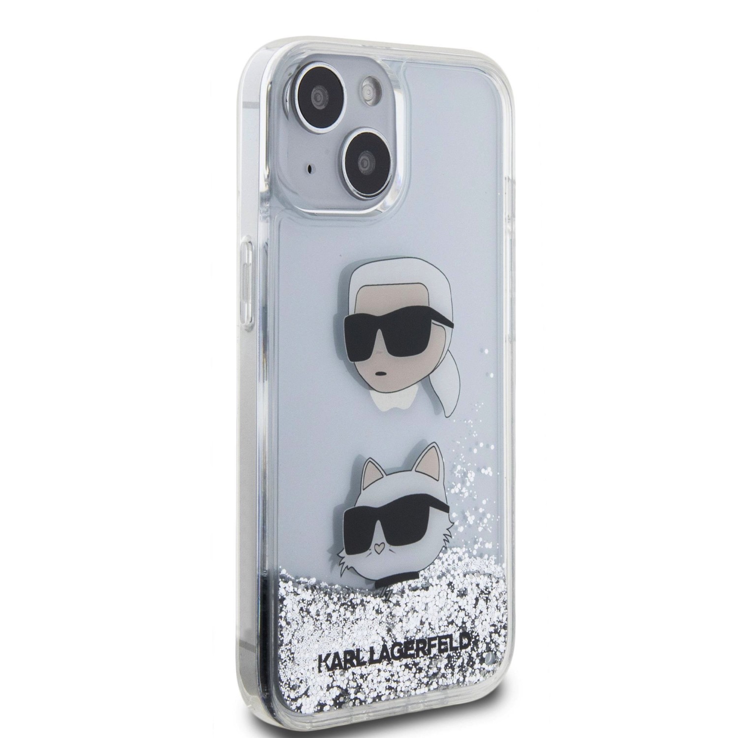 Karl Lagerfeld Liquid Glitter Karl and Choupette Head Zadní Kryt pro iPhone 15 Silver