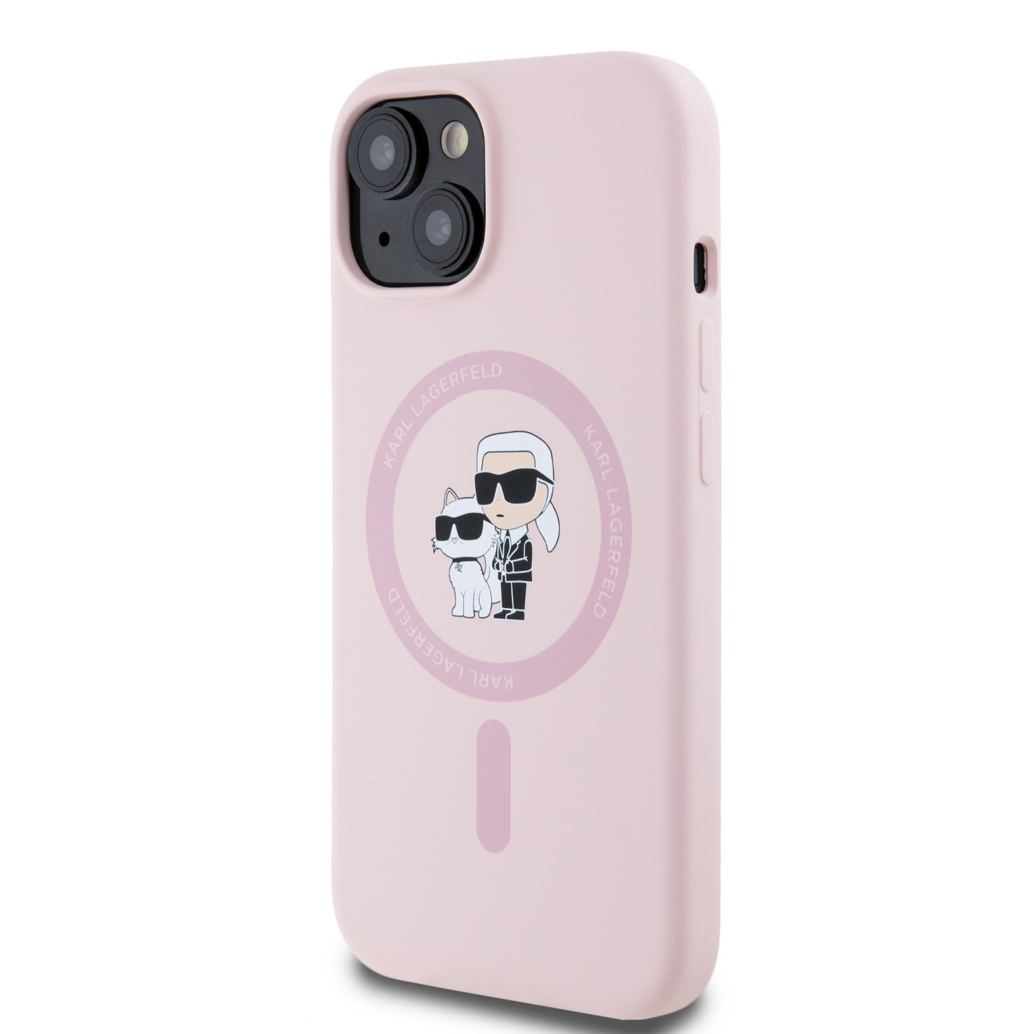 Zadní kryt Karl Lagerfeld Liquid Silicone Karl and Choupette Magsafe pro Apple iPhone 15, růžová