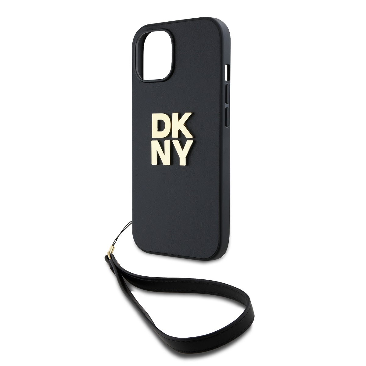 Zaní kryt DKNY PU Leather Stack Logo Wrist Strap pro Apple iPhone 15, černá