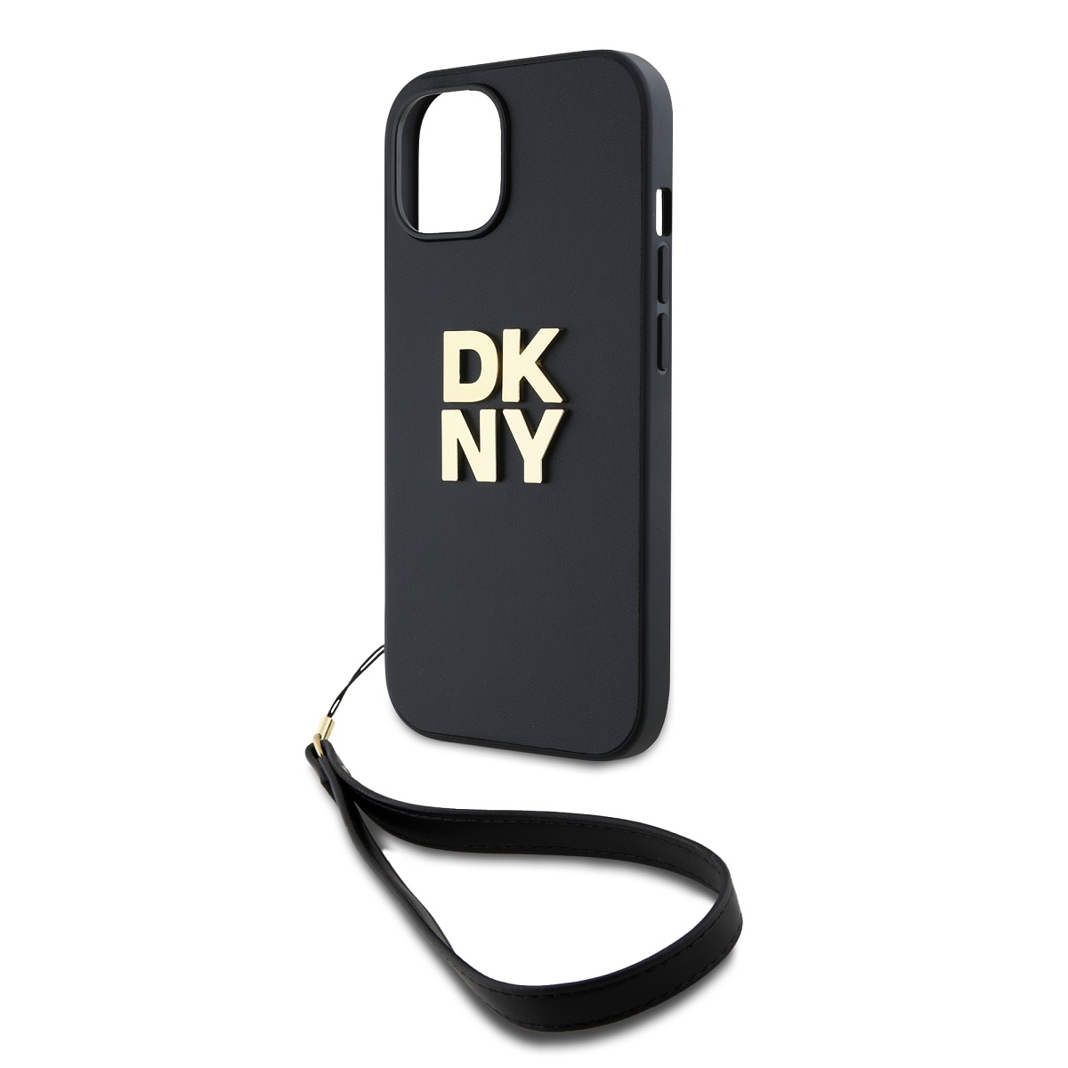 DKNY PU Leather Stack Logo Wrist Strap Zadní Kryt pro iPhone 15 Black