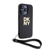 DKNY PU Leather Stack Logo Wrist Strap Zadní Kryt pro iPhone 15 Pro Black