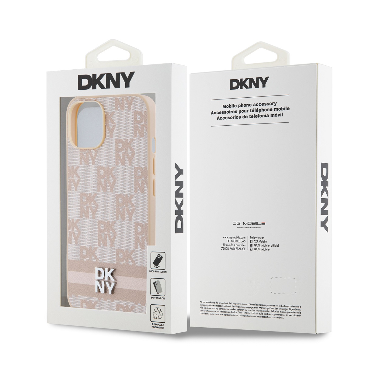 DKNY PU Leather Checkered Pattern and Stripe Zadní Kryt pro iPhone 15 Pink