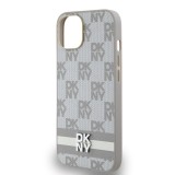 DKNY PU Leather Checkered Pattern and Stripe Zadní Kryt pro iPhone 15 Beige