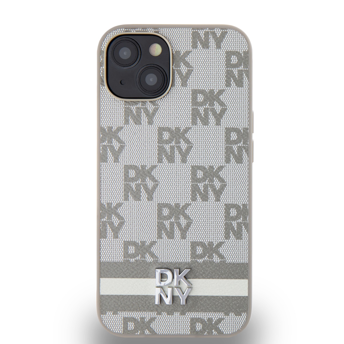 Zadní kryt DKNY PU Leather Checkered Pattern and Stripe pro Apple iPhone 15, béžová