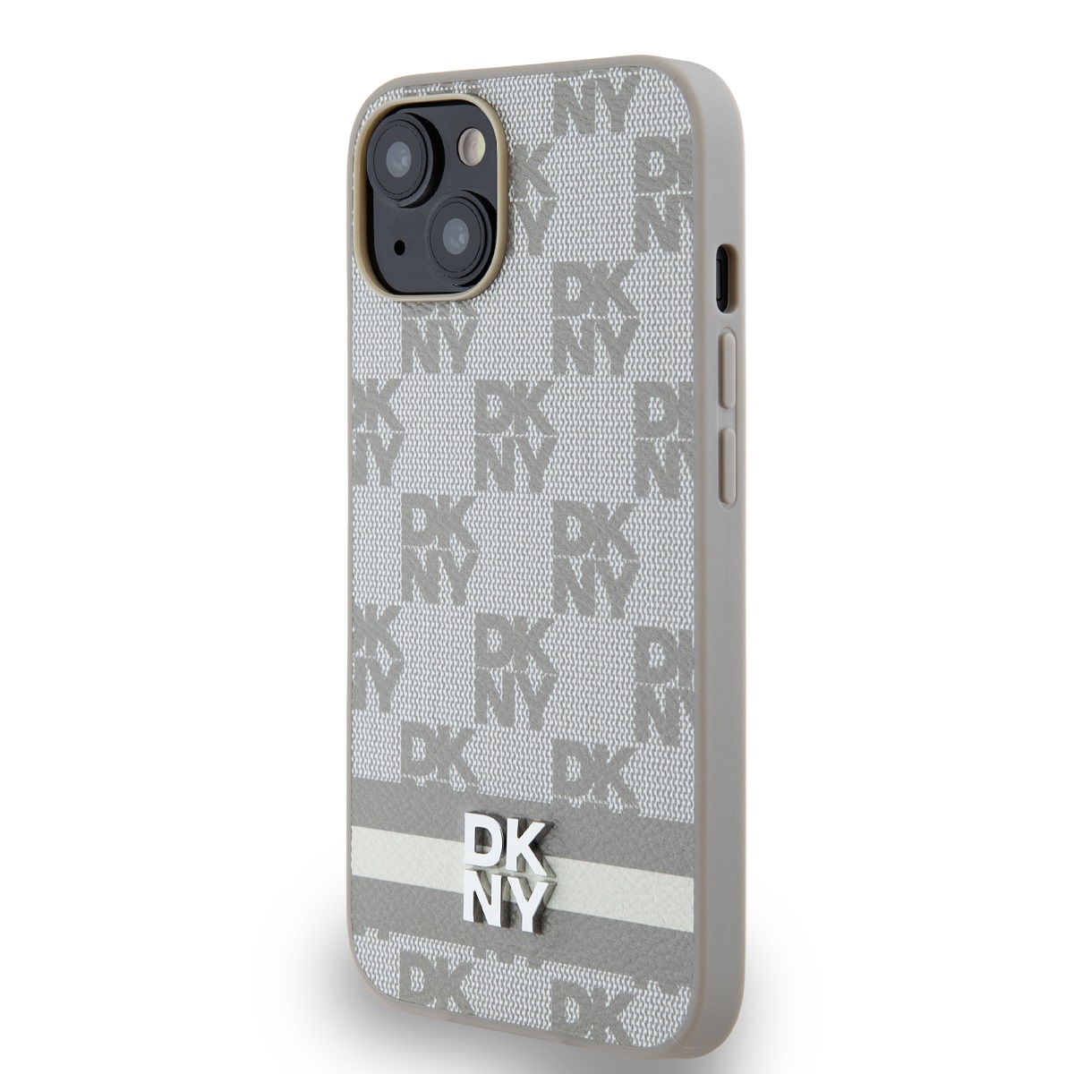 DKNY PU Leather Checkered Pattern and Stripe Zadní Kryt pro iPhone 15 Beige