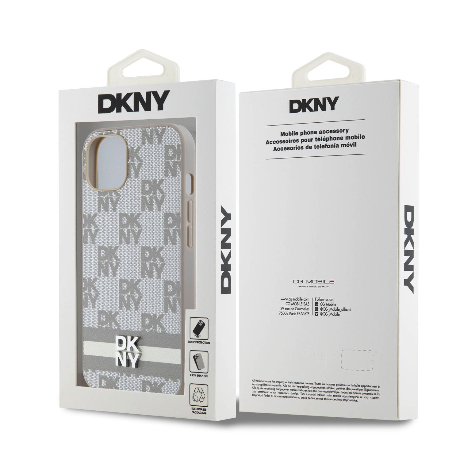 DKNY PU Leather Checkered Pattern and Stripe Zadní Kryt pro iPhone 13 Beige