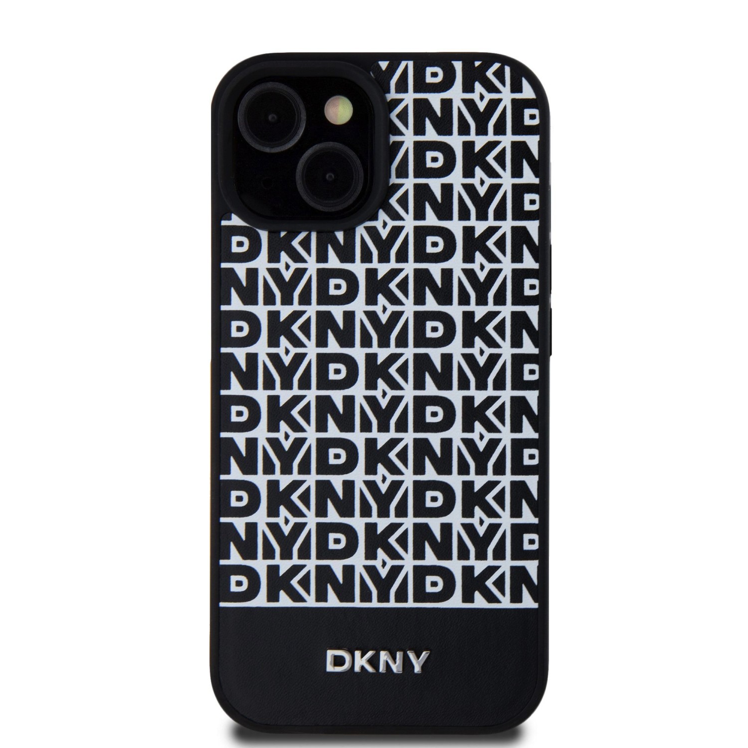 Zadní kryt DKNY PU Leather Repeat Pattern Bottom Stripe MagSafe pro Apple iPhone 15, černá