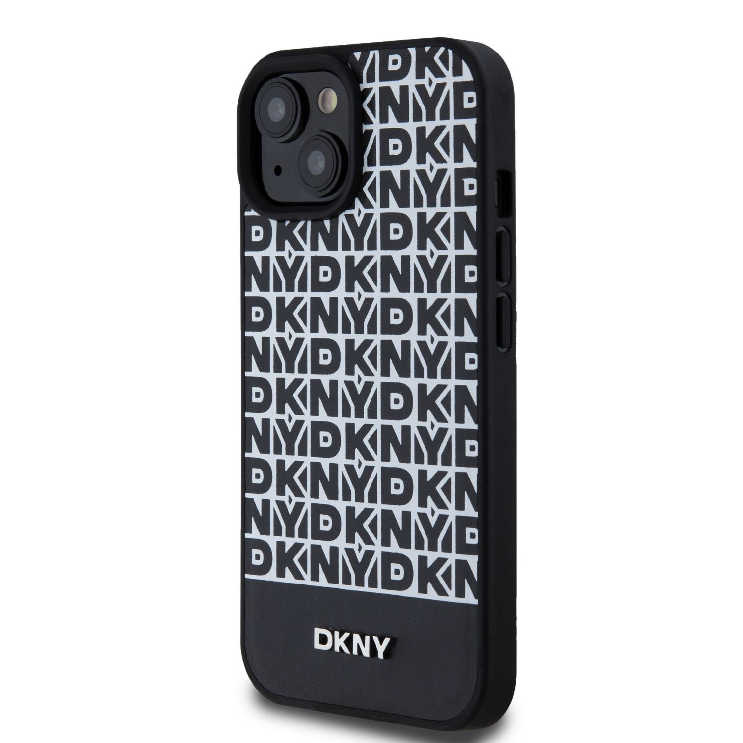 DKNY PU Leather Repeat Pattern Bottom Stripe MagSafe Zadní Kryt pro iPhone 15 Black