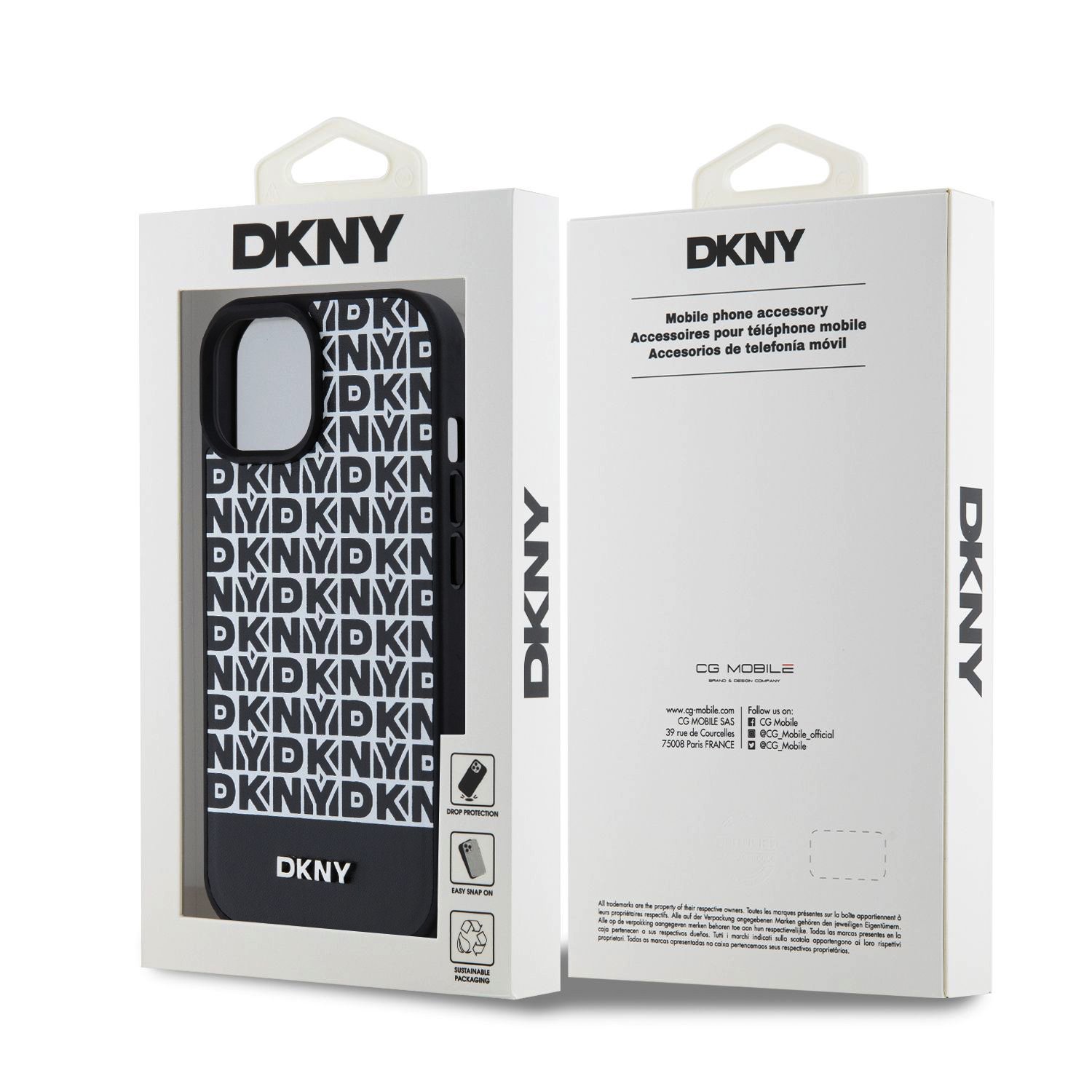 DKNY PU Leather Repeat Pattern Bottom Stripe MagSafe Zadní Kryt pro iPhone 15 Black