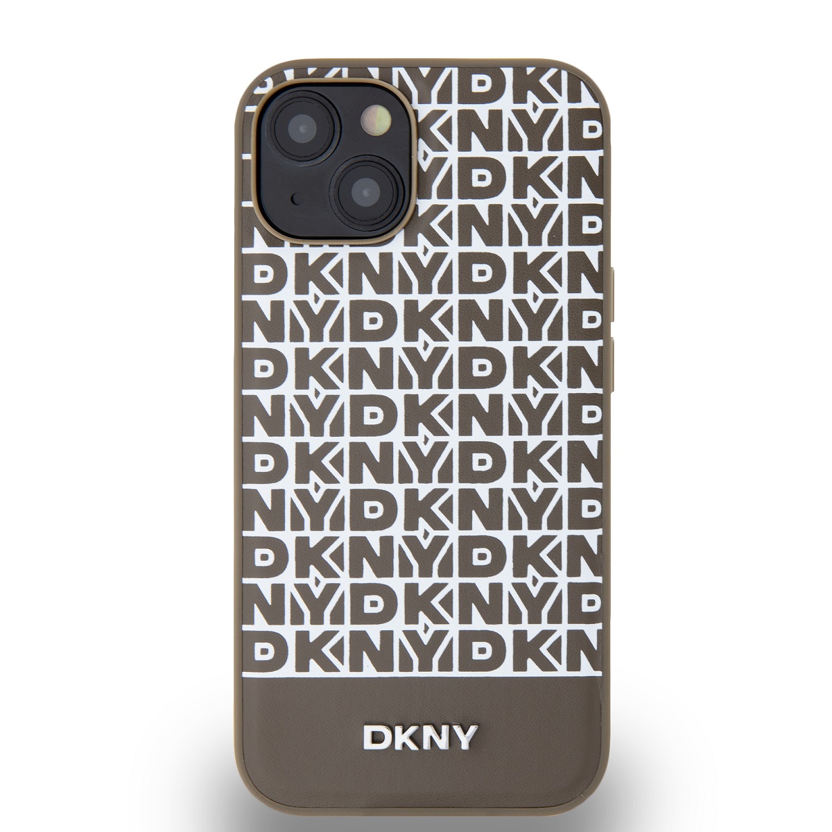 Zadní kryt DKNY PU Leather Repeat Pattern Bottom Stripe MagSafe pro Apple iPhone 15, hnědá
