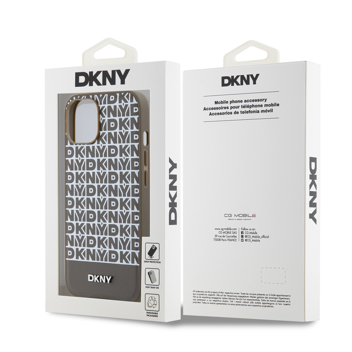 DKNY PU Leather Repeat Pattern Bottom Stripe MagSafe Zadní Kryt pro iPhone 15 Brown