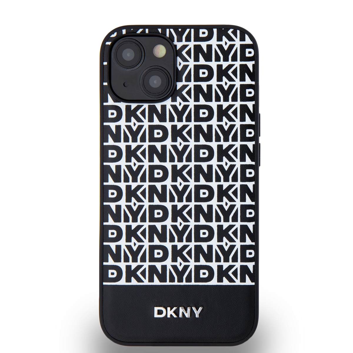 Zadní kryt DKNY PU Leather Repeat Pattern Bottom Stripe MagSafe pro Apple iPhone 13, černá