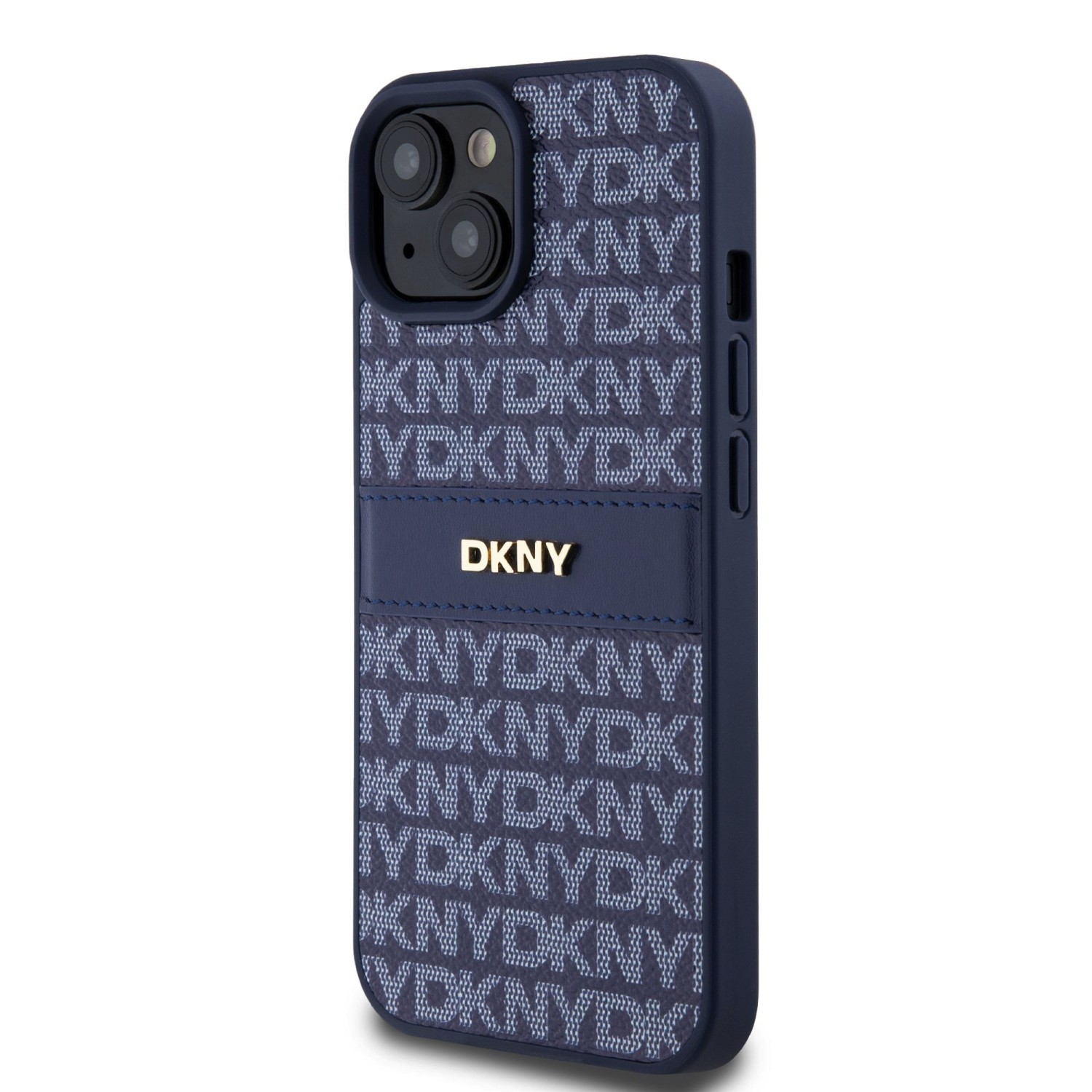 Zadní kryt DKNY PU Leather Repeat Pattern Tonal Stripe pro Apple iPhone 15, modrá