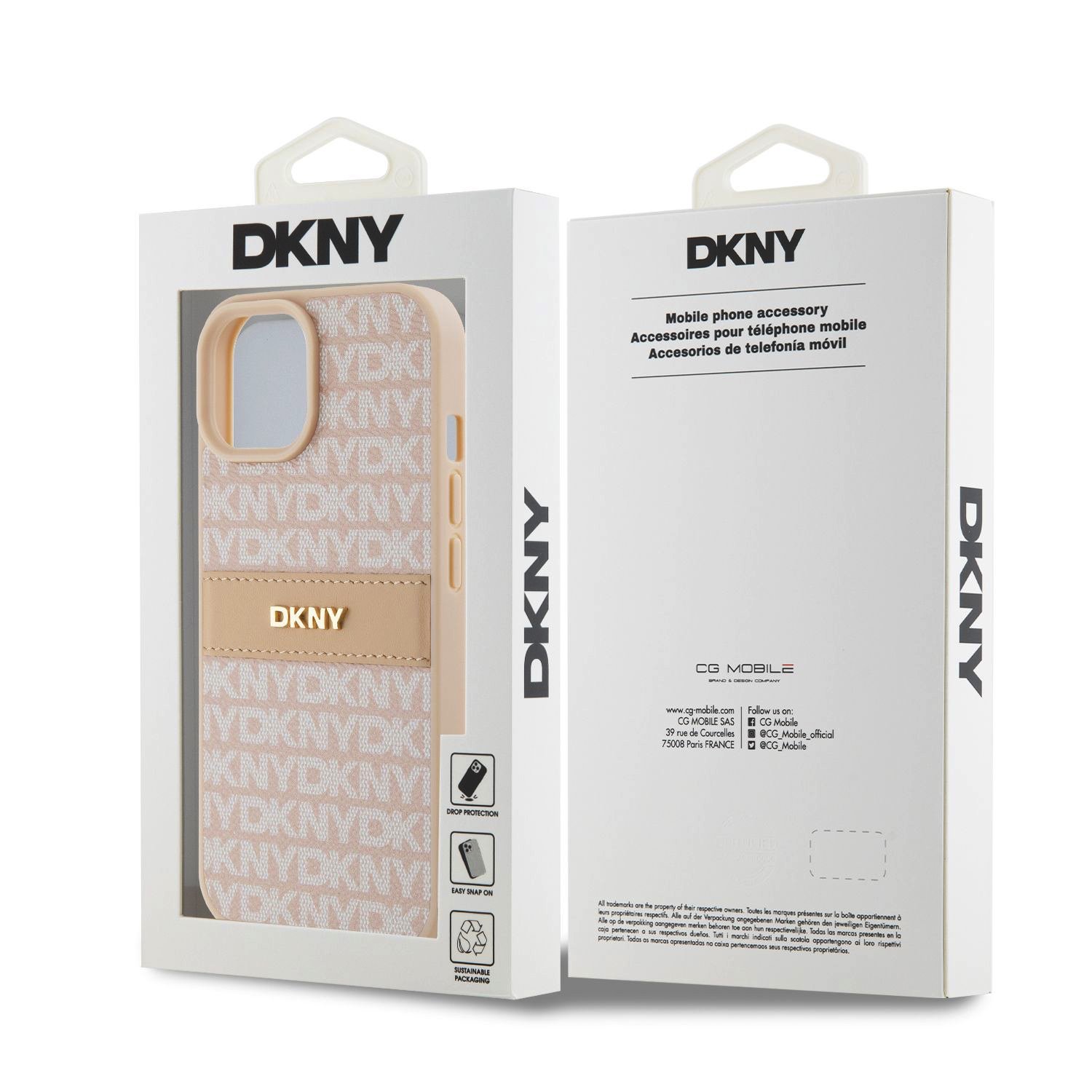 DKNY PU Leather Repeat Pattern Tonal Stripe Zadní Kryt pro iPhone 15 Pink