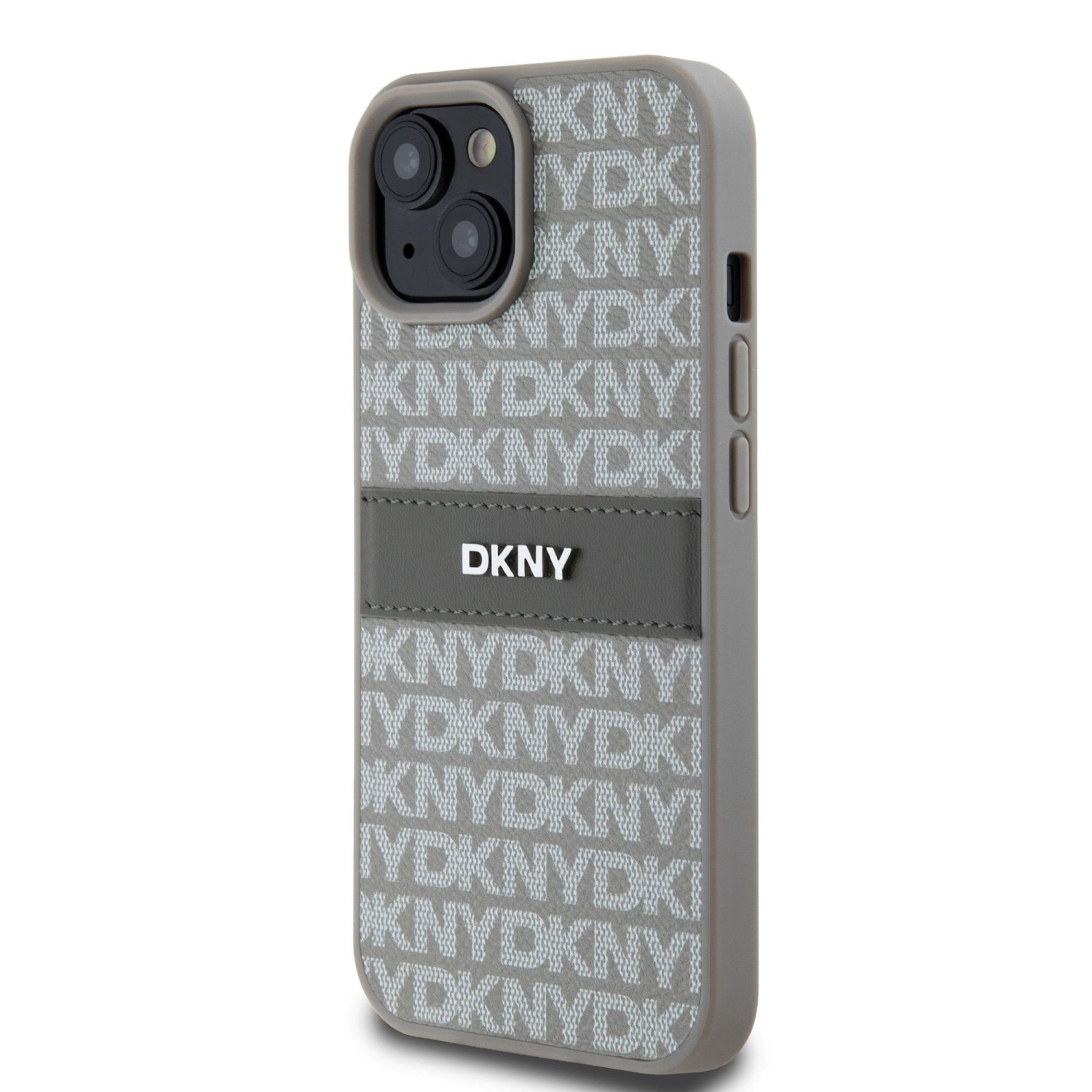 Zadní kryt DKNY PU Leather Repeat Pattern Tonal Stripe pro Apple iPhone 15, béžová