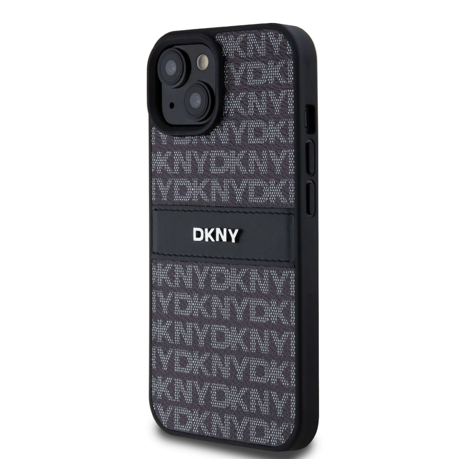 Zadní kryt DKNY PU Leather Repeat Pattern Tonal Stripe pro Apple iPhone 15, černá