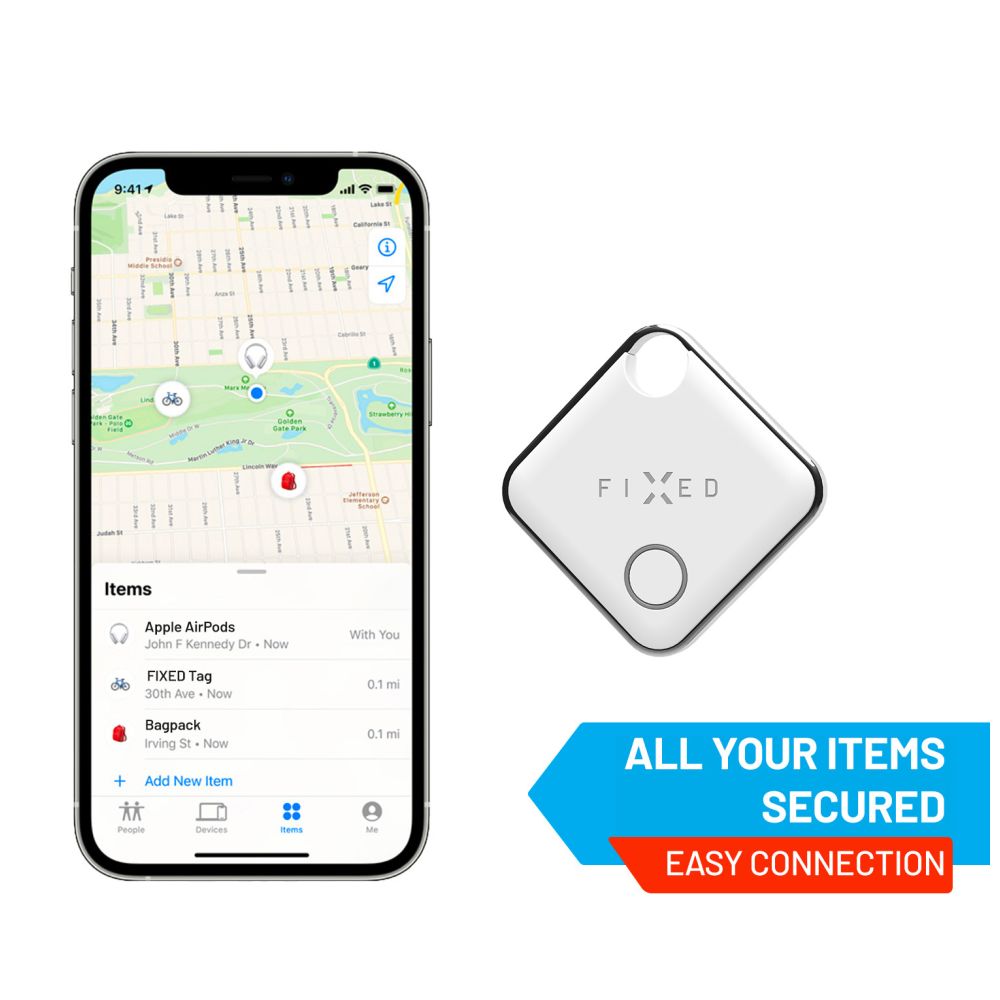Smart tracker FIXED Tag s podporou Find My, 4 ks, 2x černý + 2x bílý
