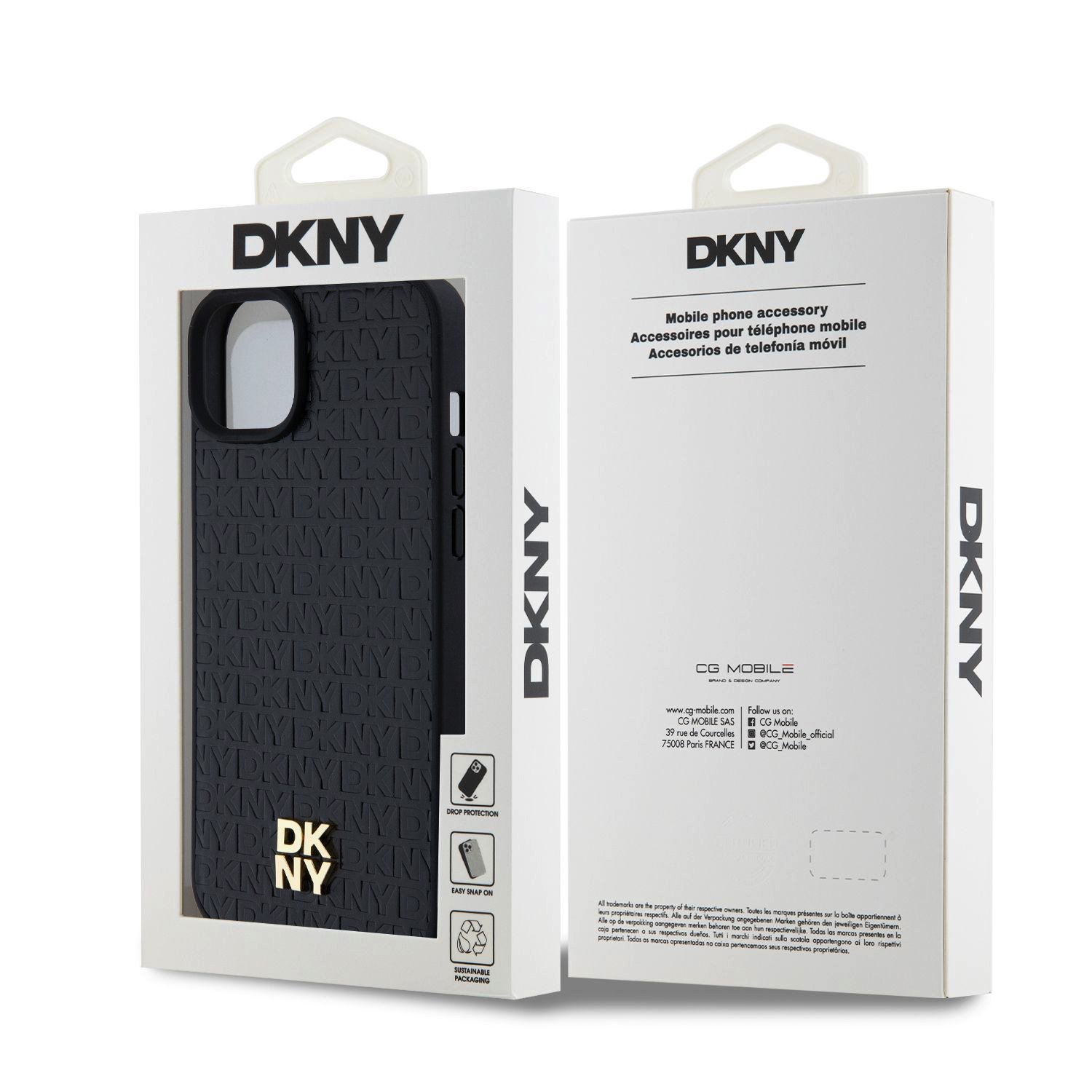 DKNY PU Leather Repeat Pattern Stack Logo Magsafe Zadní Kryt pro iPhone 15 Plus Black