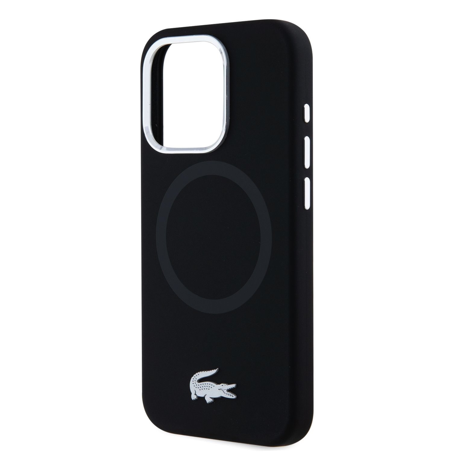 Lacoste Liquid Silicone Microfiber Silver Croc Logo MagSafe Zadní Kryt pro iPhone 15 Pro Max Black