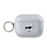 Pouzdro Karl Lagerfeld PU Embossed Choupette Head pro AirPods Pro 2, stříbrná