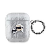 Pouzdro Karl Lagerfeld PU Embossed Choupette Heads pro AirPods 1/2, stříbrná