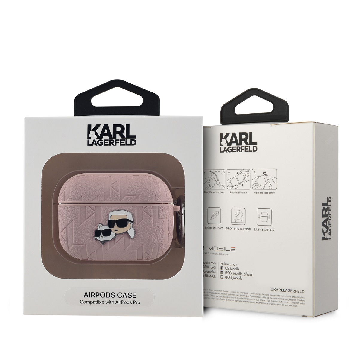 Karl Lagerfeld PU Embossed Karl and Choupette Heads Pouzdro pro AirPods Pro Pink