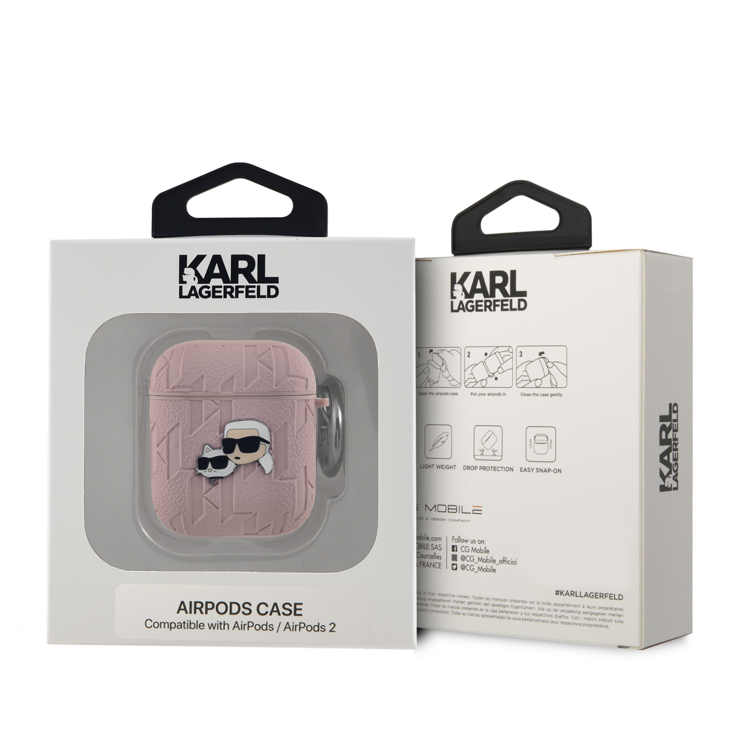 Karl Lagerfeld PU Embossed Karl and Choupette Heads Pouzdro pro AirPods 1/2 Pink