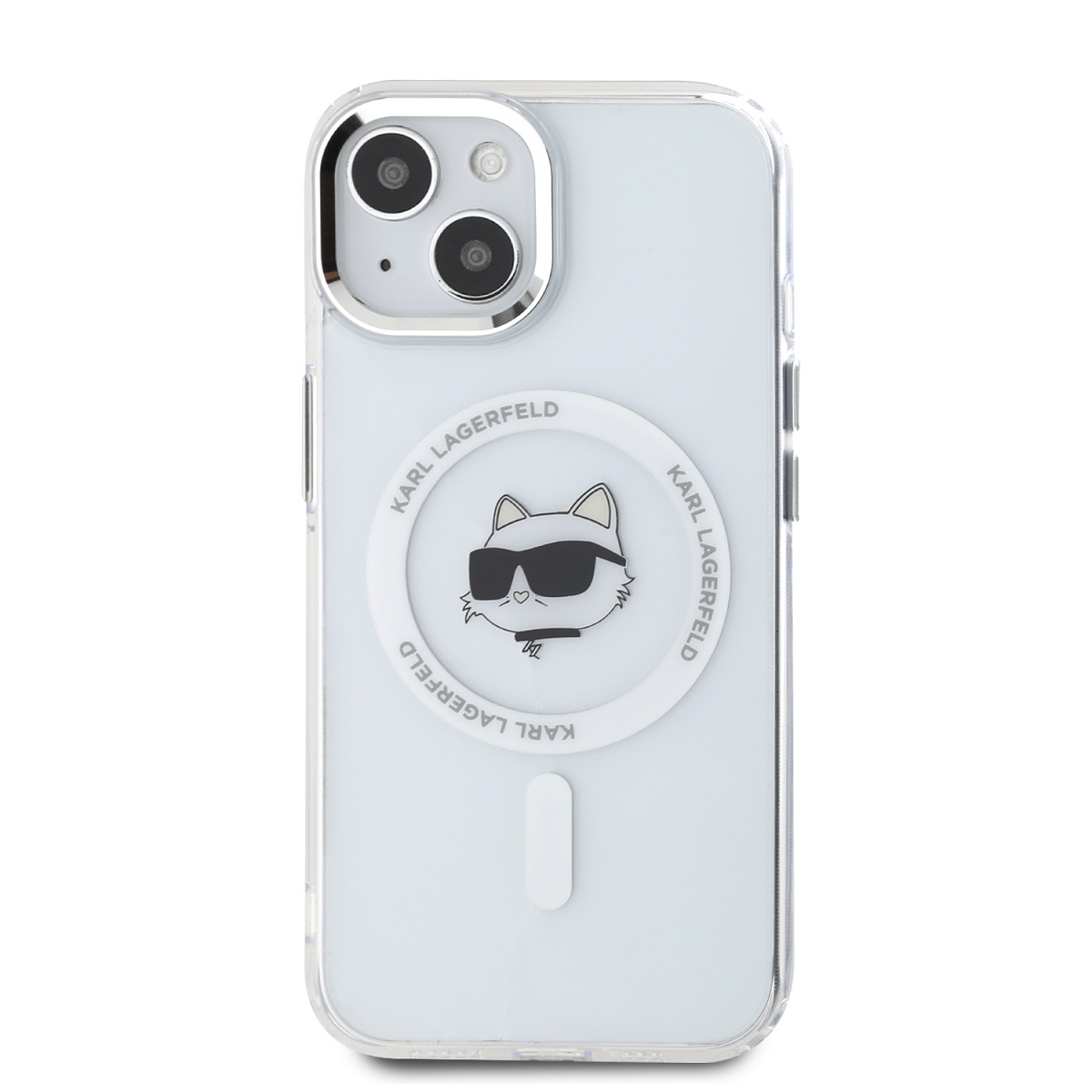 Karl Lagerfeld IML Choupette Head Metal Frame MagSafe Zadní Kryt pro iPhone 15 Transparent