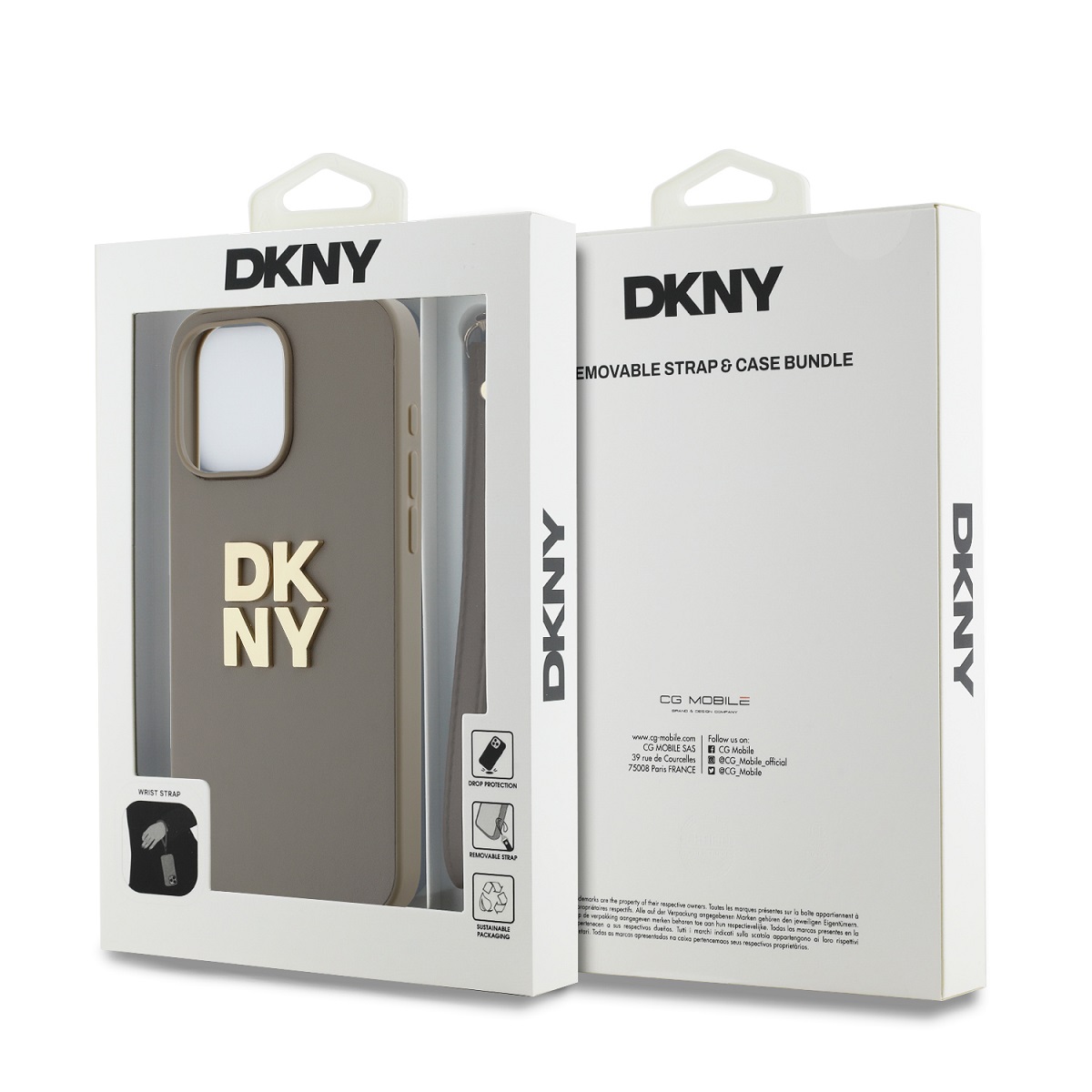 DKNY PU Leather Stack Logo Wrist Strap Zadní Kryt pro iPhone 15 Pro Max Beige