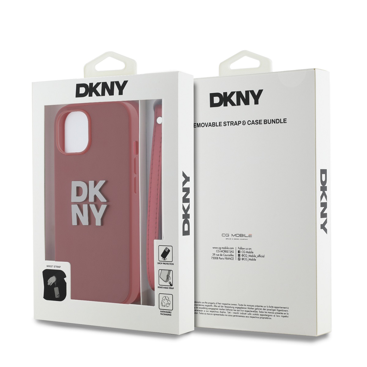 DKNY PU Leather Stack Logo Wrist Strap Zadní Kryt pro iPhone 15 Pink