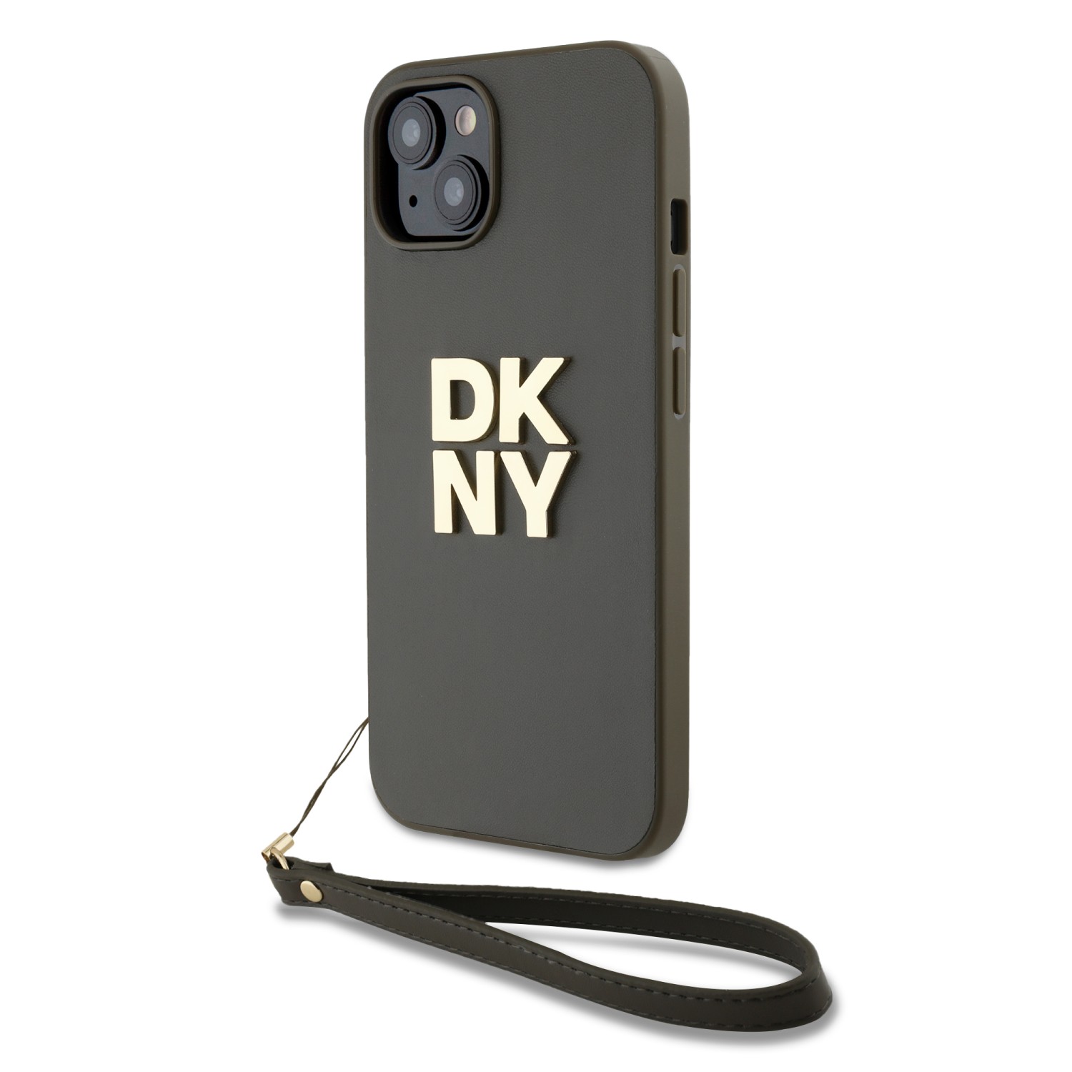 DKNY PU Leather Stack Logo Wrist Strap Zadní Kryt pro iPhone 14 Green