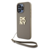 DKNY PU Leather Stack Logo Wrist Strap Zadní Kryt pro iPhone 15 Pro Beige