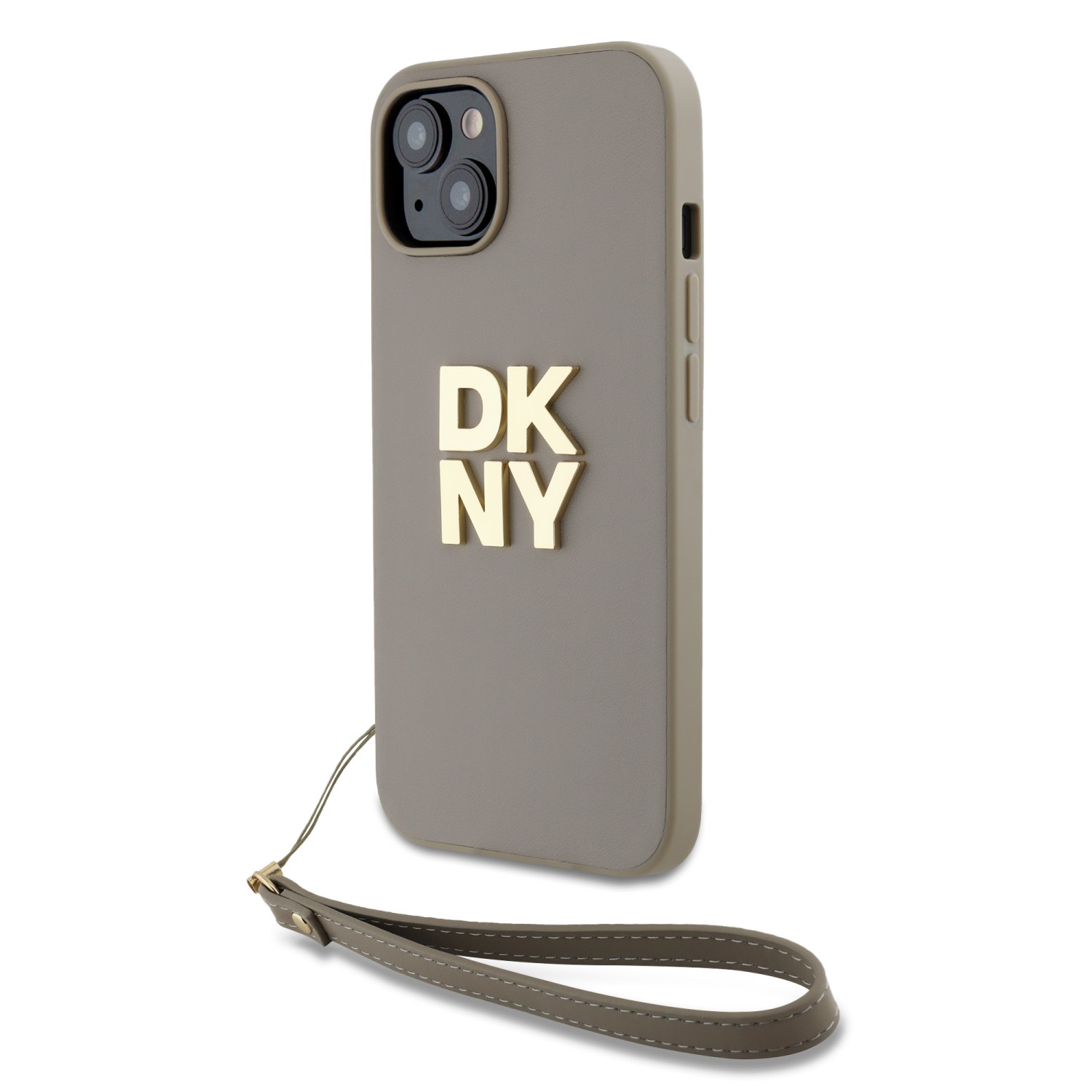 DKNY PU Leather Stack Logo Wrist Strap Zadní Kryt pro iPhone 14 Beige