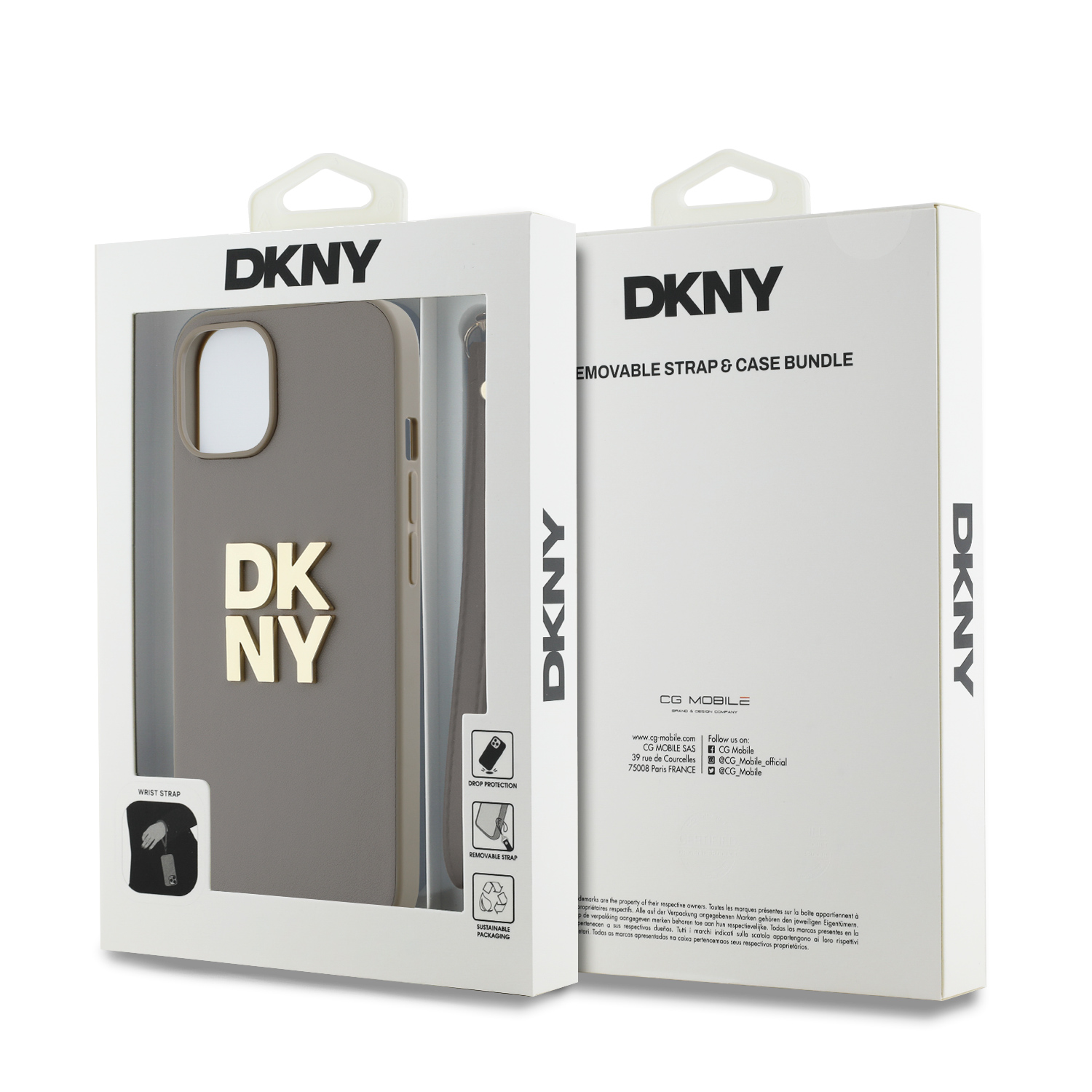 DKNY PU Leather Stack Logo Wrist Strap Zadní Kryt pro iPhone 13 Beige