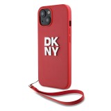 DKNY PU Leather Stack Logo Wrist Strap Zadní Kryt pro iPhone 14 Pink