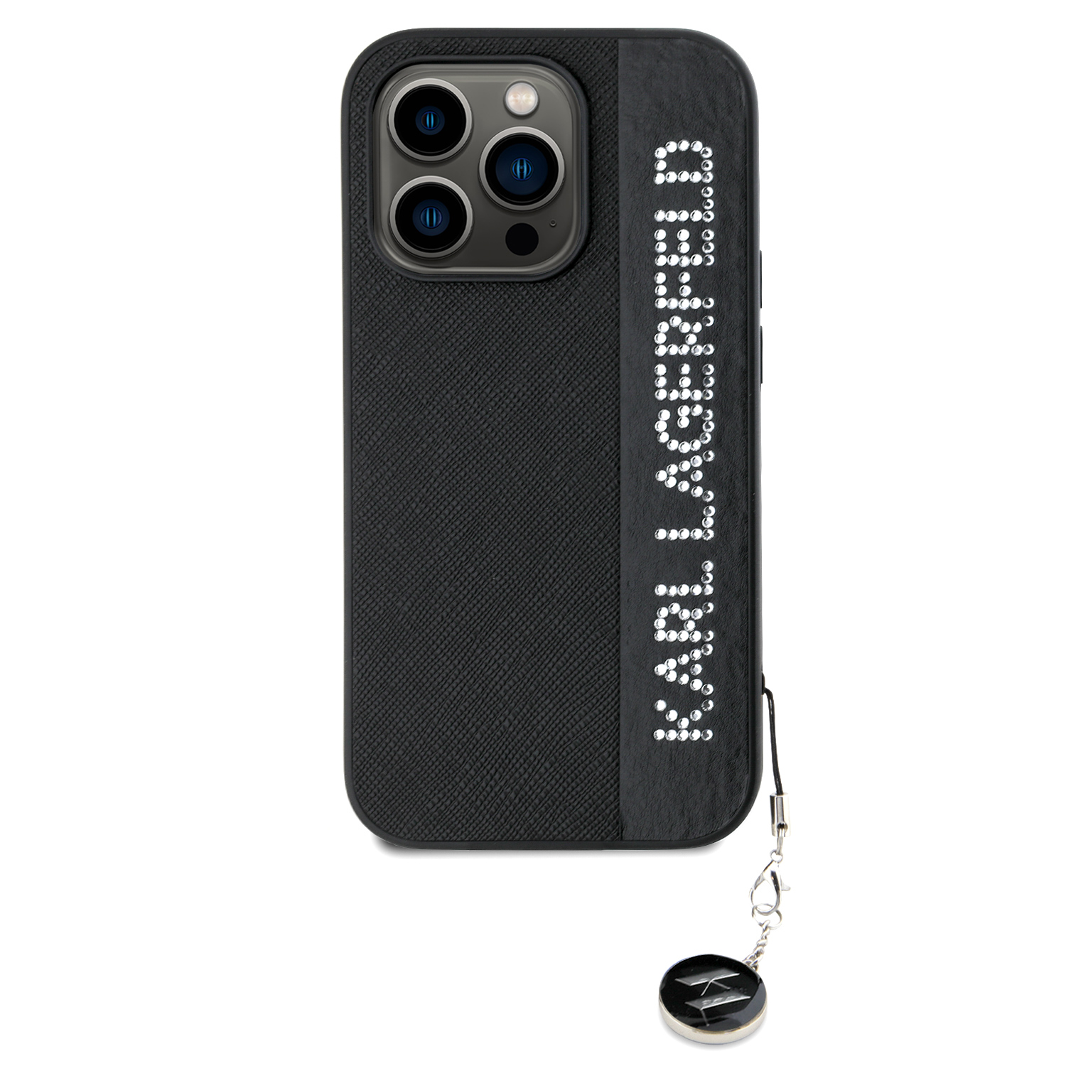 Karl Lagerfeld PU Saffiano Rhinestone Charm Zadní Kryt pro iPhone 14 Pro Black