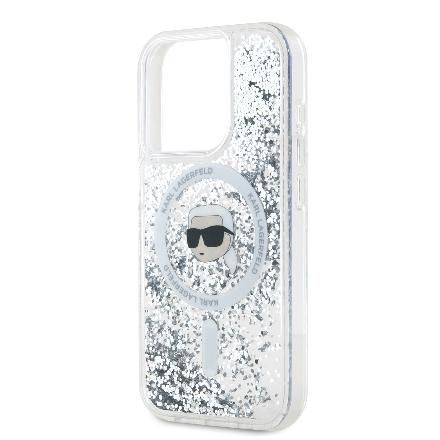 Karl Lagerfeld Liquid Glitter Karl Head MagSafe Zadní Kryt pro iPhone 15 Pro Transparent