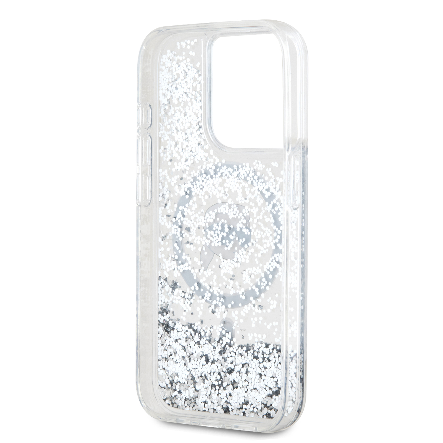 Karl Lagerfeld Liquid Glitter Karl Head MagSafe Zadní Kryt pro iPhone 15 Pro Transparent