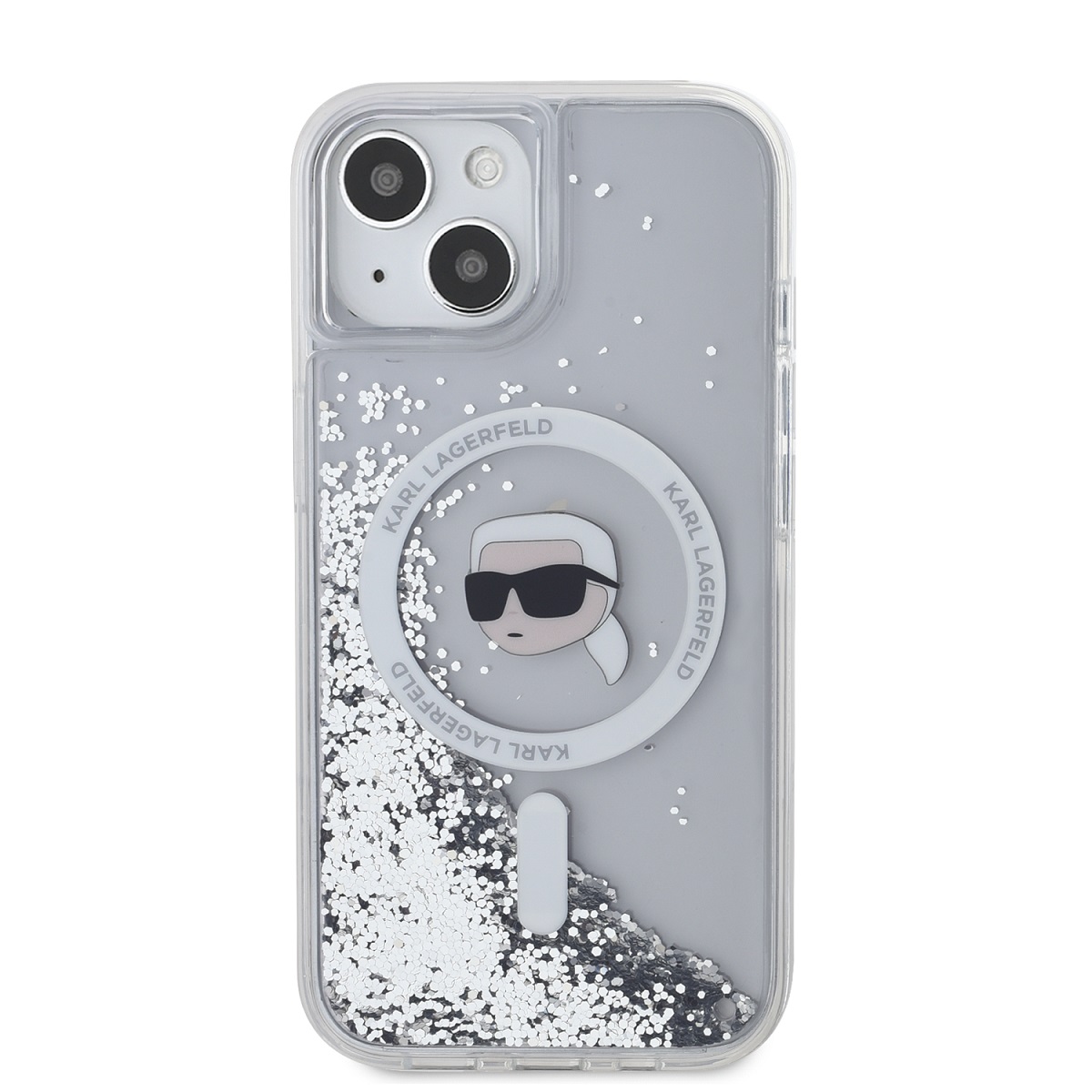 Karl Lagerfeld Liquid Glitter Karl Head Magsafe Zadní Kryt pro iPhone 15 Transparent