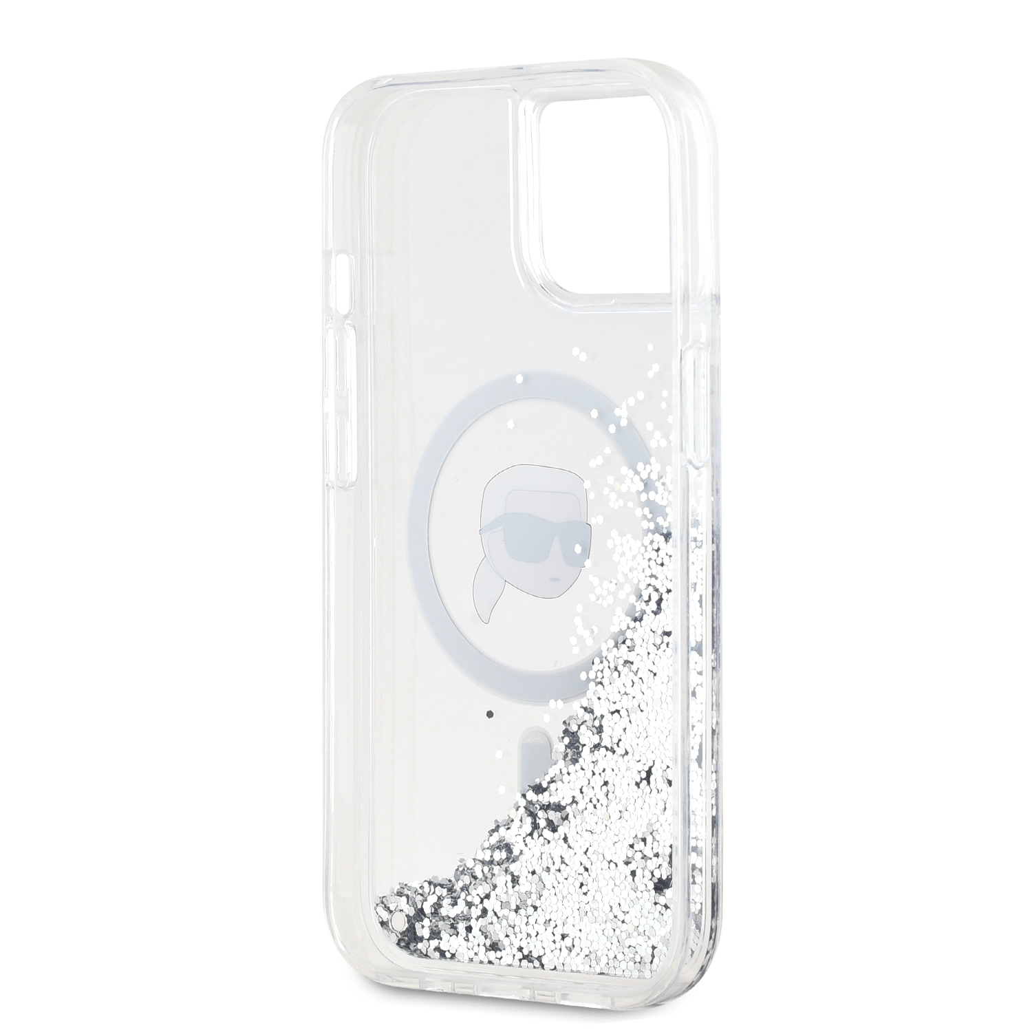 Karl Lagerfeld Liquid Glitter Karl Head Magsafe Zadní Kryt pro iPhone 15 Transparent