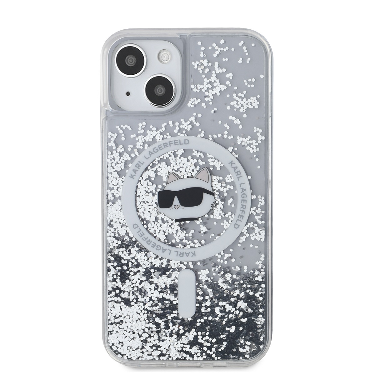 Karl Lagerfeld Liquid Glitter Choupette Head Magsafe Zadní Kryt pro iPhone 15 Transparent