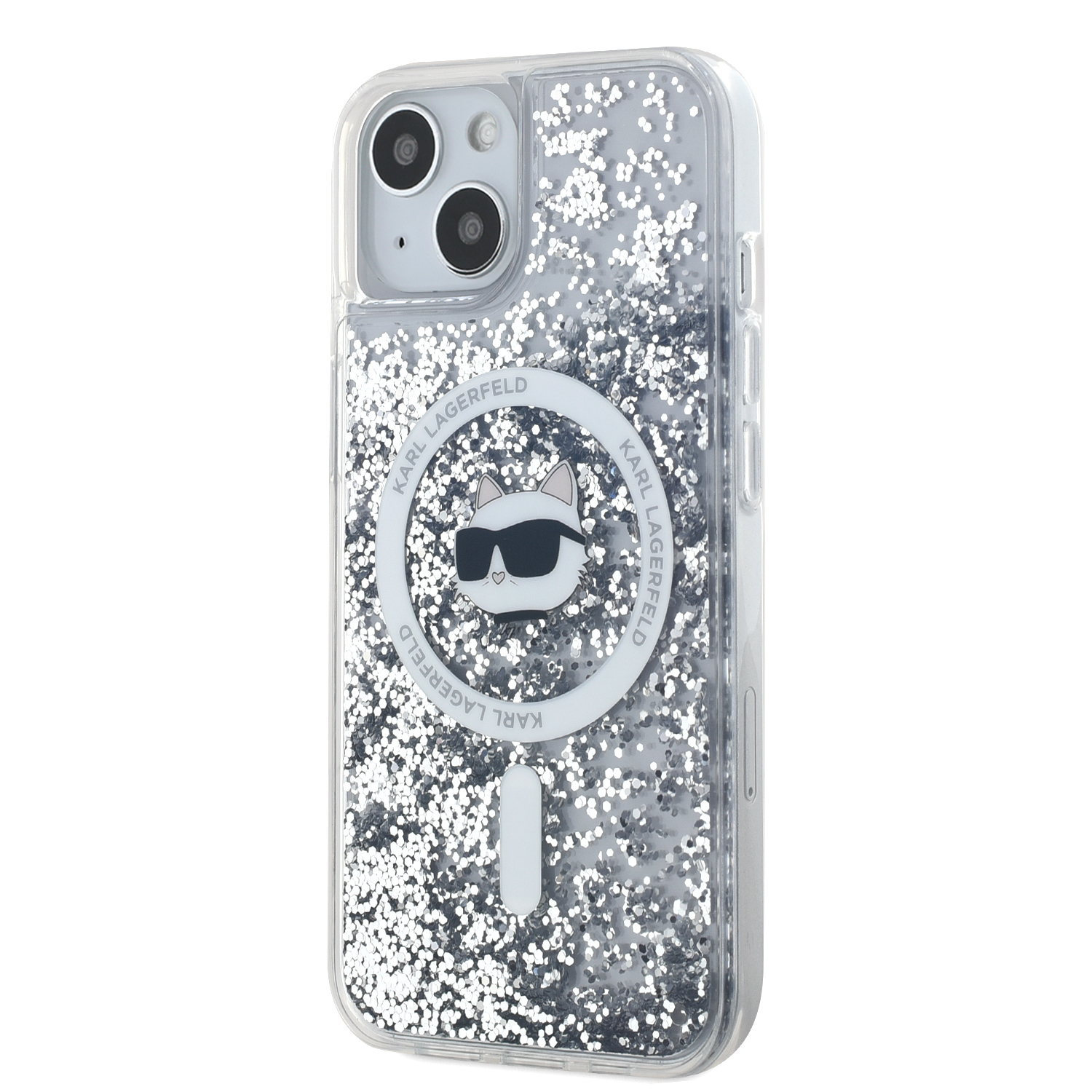 Karl Lagerfeld Liquid Glitter Choupette Head Magsafe Zadní Kryt pro iPhone 15 Transparent