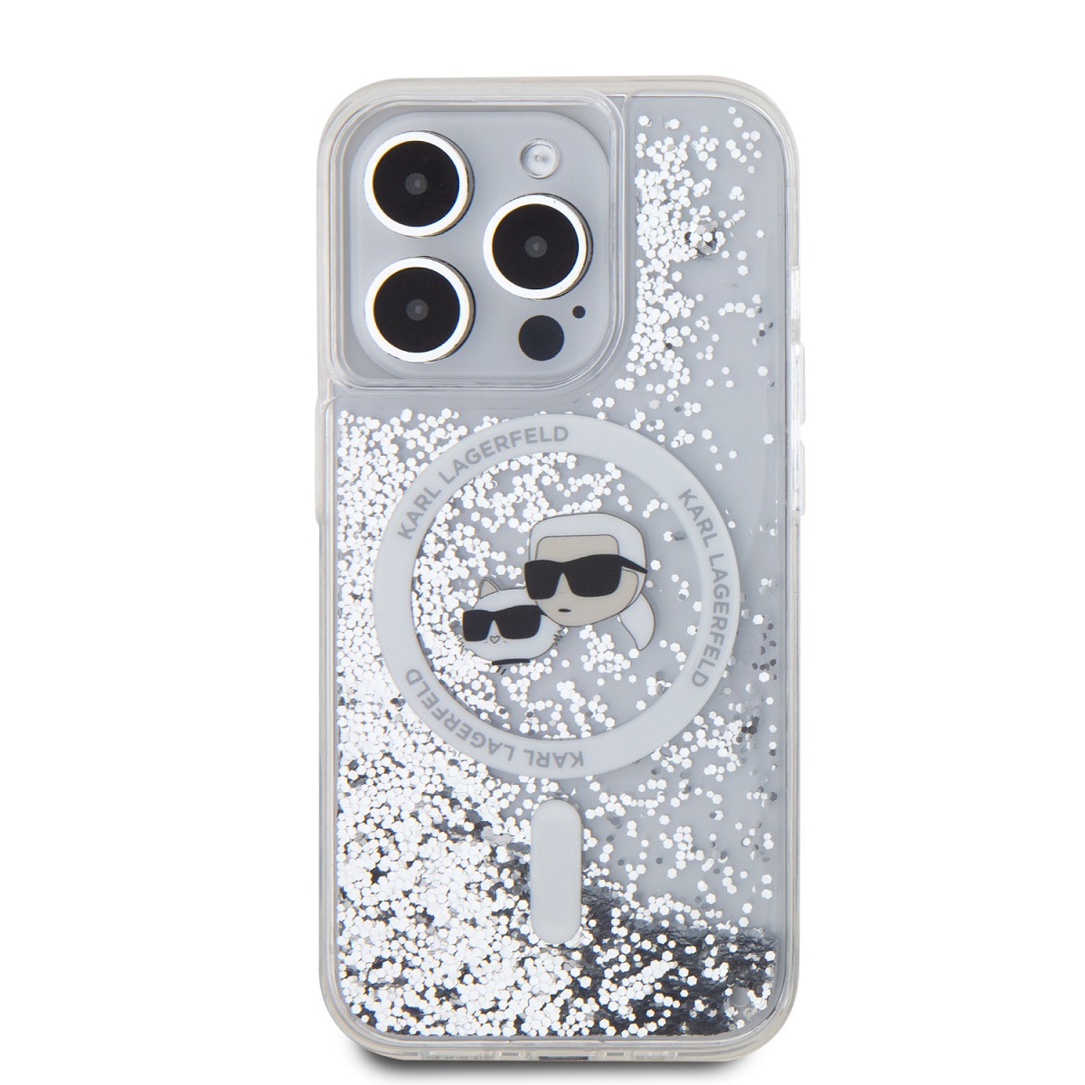 Karl Lagerfeld Liquid Glitter Karl and Choupette Heads MagSafe Zadní Kryt pro iPhone 15 Pro Transparent